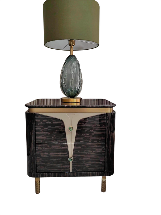 High-Gloss Black Nightstand with 2 Drawers, Dark Wood-Grain Bedside Table with Champagne Gold Geometric Trim and Tapered Metal Legs for Bedroom, Guest Room and Living Room