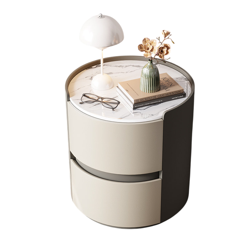 Round Nightstand with 2 Drawers, Modern Minimalist Bedside Table with White Sintered Stone Top, Beige and Gray Wood Bedroom Side Table, Small Curved End Table for Bedroom, Living Room, Sofa Side