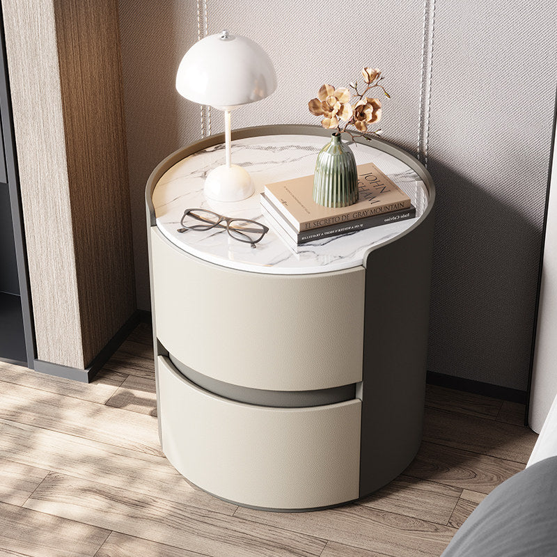 Round Nightstand with 2 Drawers, Modern Minimalist Bedside Table with White Sintered Stone Top, Beige and Gray Wood Bedroom Side Table, Small Curved End Table for Bedroom, Living Room, Sofa Side