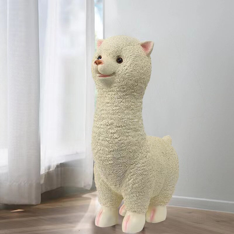 Cream Alpaca Decorative Tray Stand, Cute Animal Floor Shelf with Gold Round Tray, Resin Storage Sculpture for Living Room, Entryway, TV Cabinet, Bedroom and Housewarming Gift
