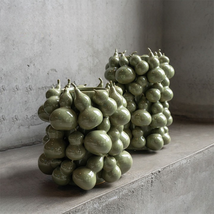 Set of 2 Green Gourd Ceramic Vases, Sculptural Flower Vessels