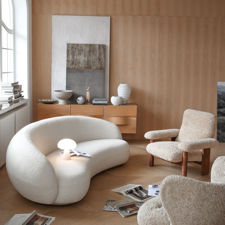Cream Boucle Lounge Chair, Wood Frame with Wide Padded Arms