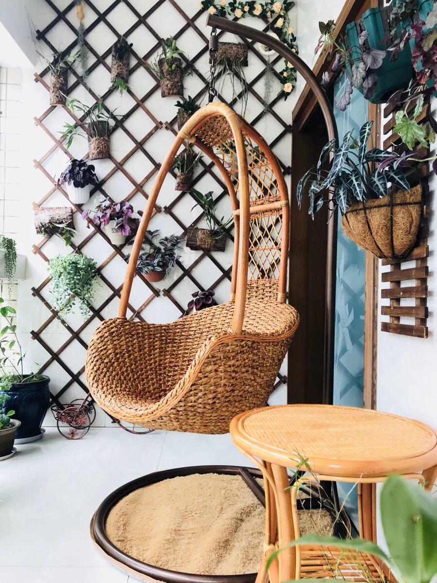 Natural Rattan Hanging Egg Chair with Stand and Cushion, Honey Brown