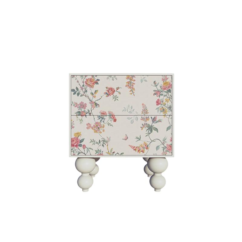 Ivory Floral Nightstand with 2 Drawers and Turned Wood Legs