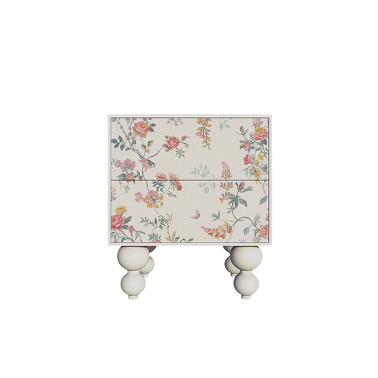 Ivory Floral Nightstand with 2 Drawers and Turned Wood Legs