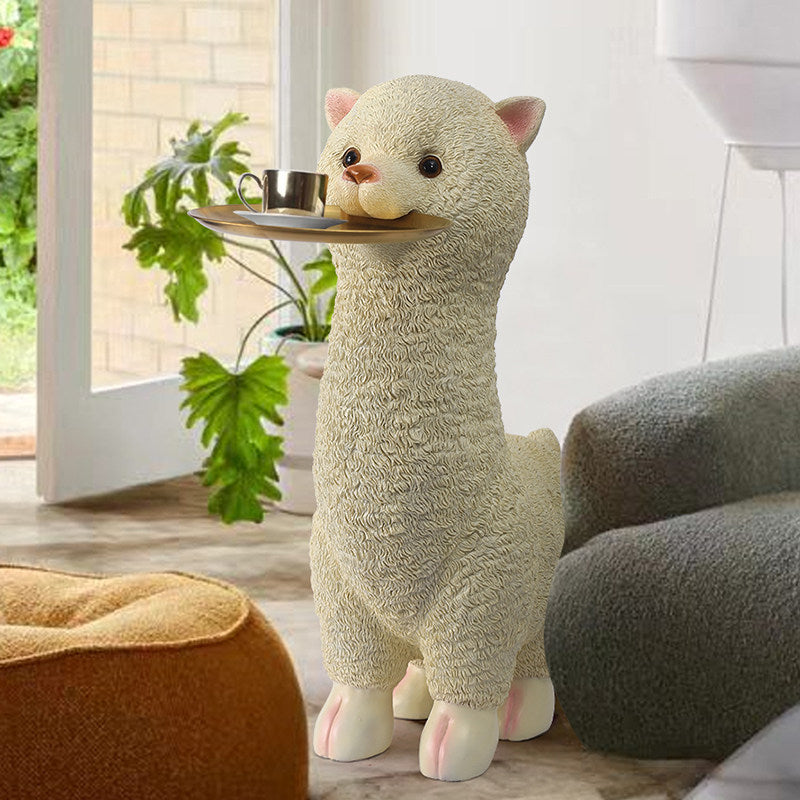 Cream Alpaca Decorative Tray Stand, Cute Animal Floor Shelf with Gold Round Tray, Resin Storage Sculpture for Living Room, Entryway, TV Cabinet, Bedroom and Housewarming Gift