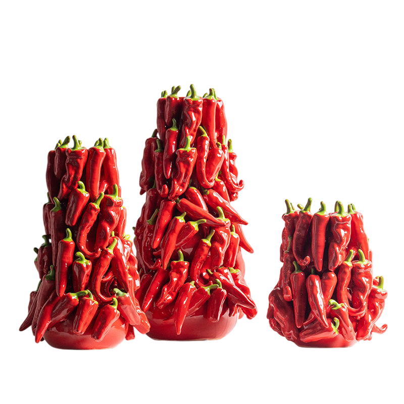Red Chili Pepper Ceramic Vase Set of 3, Sculptural Tabletop Decor