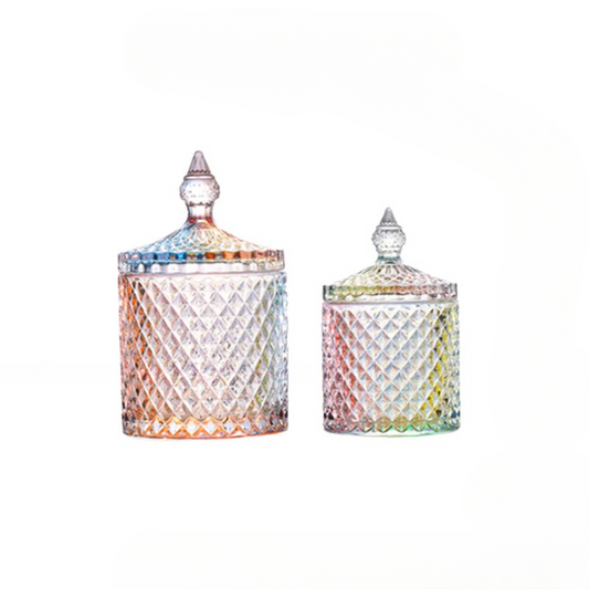 2-Piece Iridescent Glass Apothecary Jar Set with Lids, Decorative Cotton Ball &amp; Swab Storage Canisters, Vanity Organizer for Bathroom, Makeup Table and Home Décor