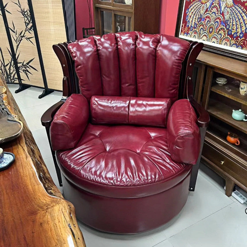 Oversized Burgundy Leather Swivel Accent Chair, High Back Barrel Lounge Armchair with Lumbar Pillow, Tufted Reading Chair for Living Room, Bedroom, Study and Office