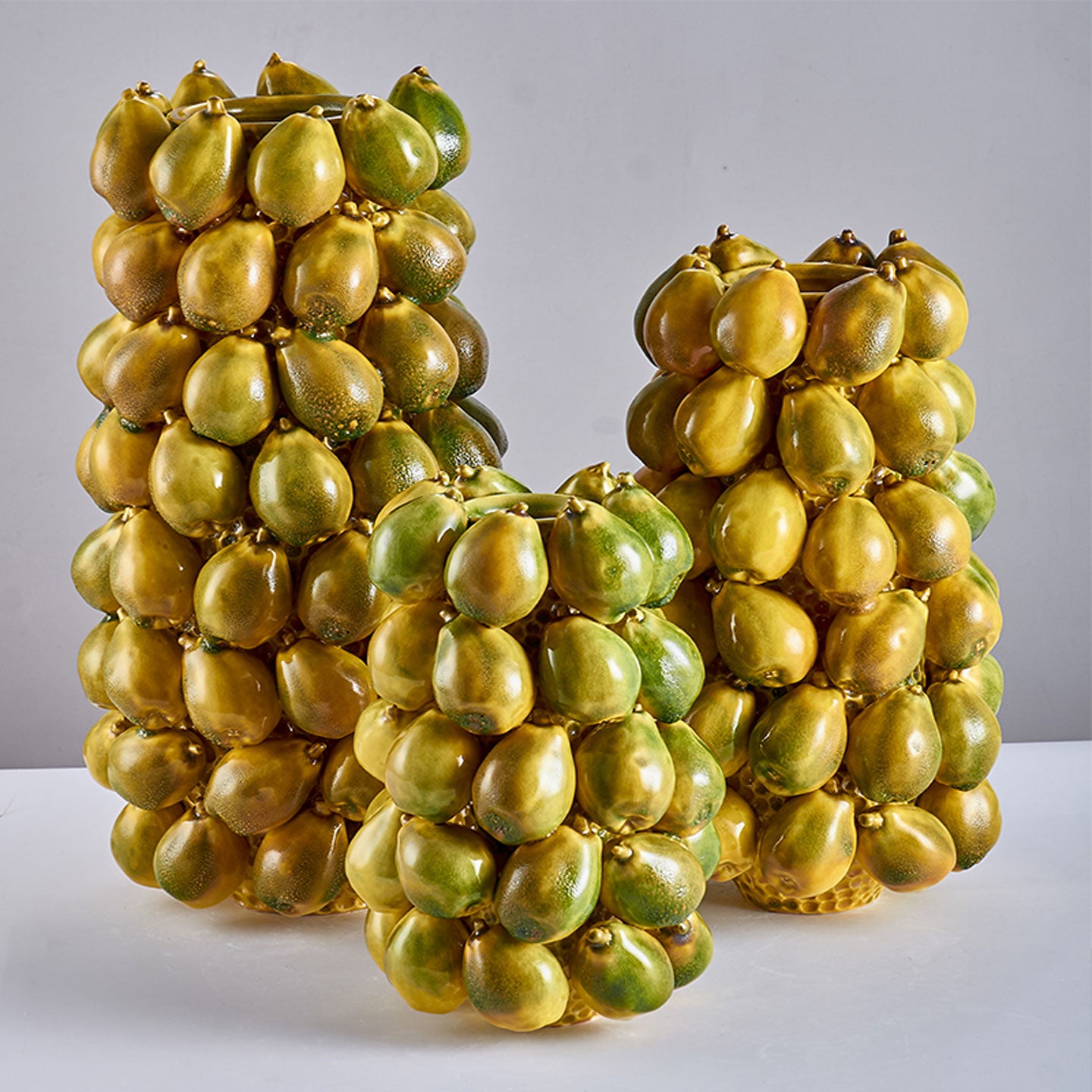 Set of 3 Green and Gold Pear Ceramic Vases, Glossy Fruit-Shaped Decorative Planters in 12.2, 16.1 and 20.1-Inch Heights, Sculptural Floor and Tabletop Accents for Living Room, Entryway, Bedroom, Hotel and Office