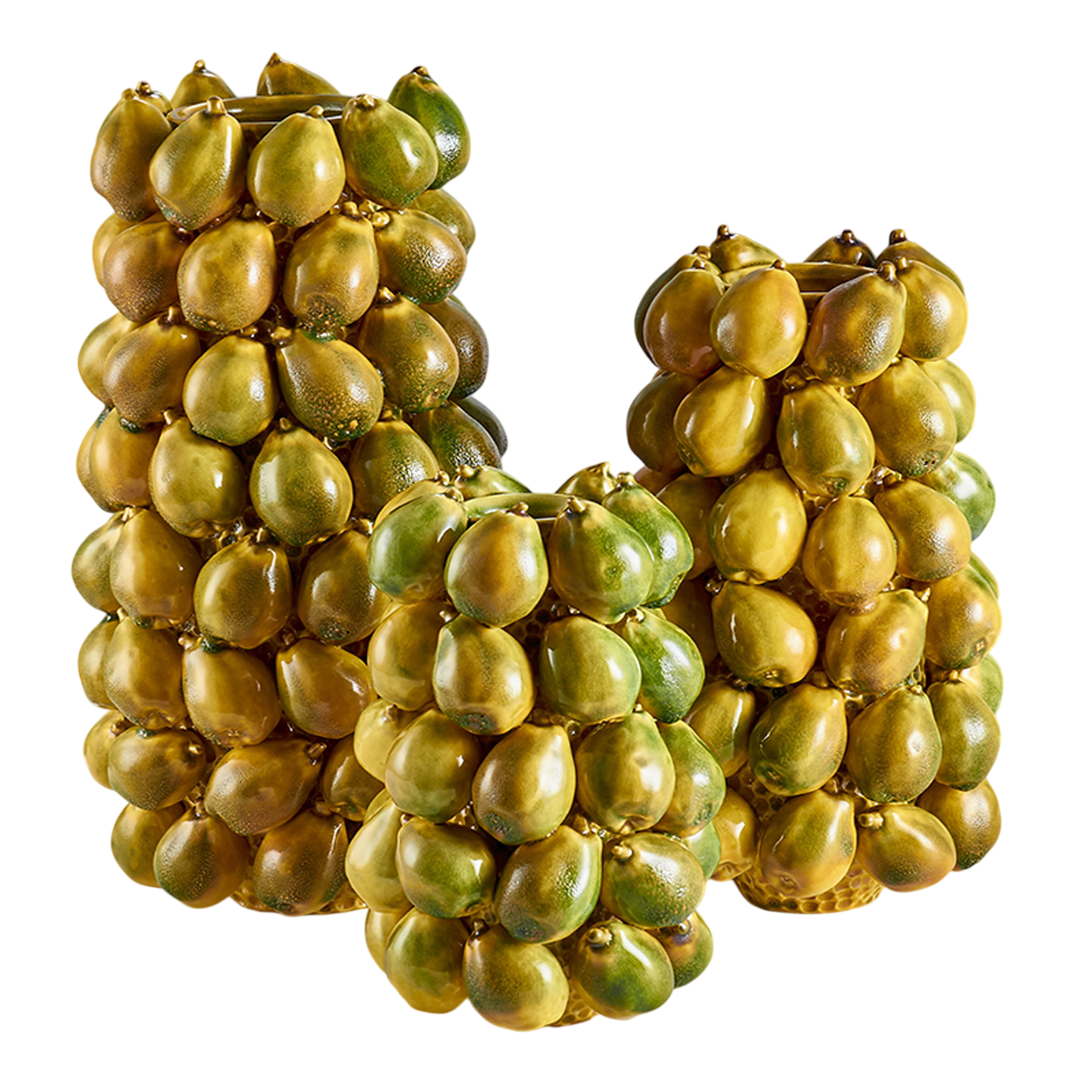 Set of 3 Green and Gold Pear Ceramic Vases, Glossy Fruit-Shaped Decorative Planters in 12.2, 16.1 and 20.1-Inch Heights, Sculptural Floor and Tabletop Accents for Living Room, Entryway, Bedroom, Hotel and Office