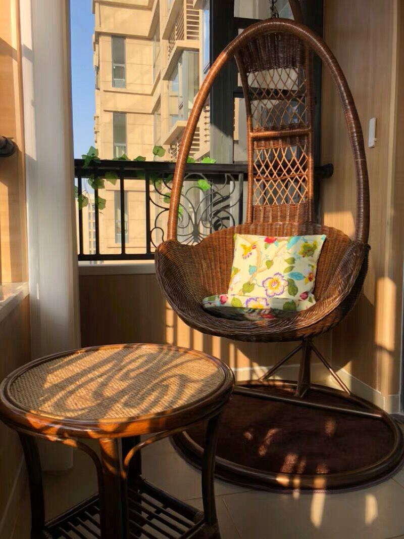 Natural Rattan Hanging Egg Chair with Stand and Cushion, Honey Brown