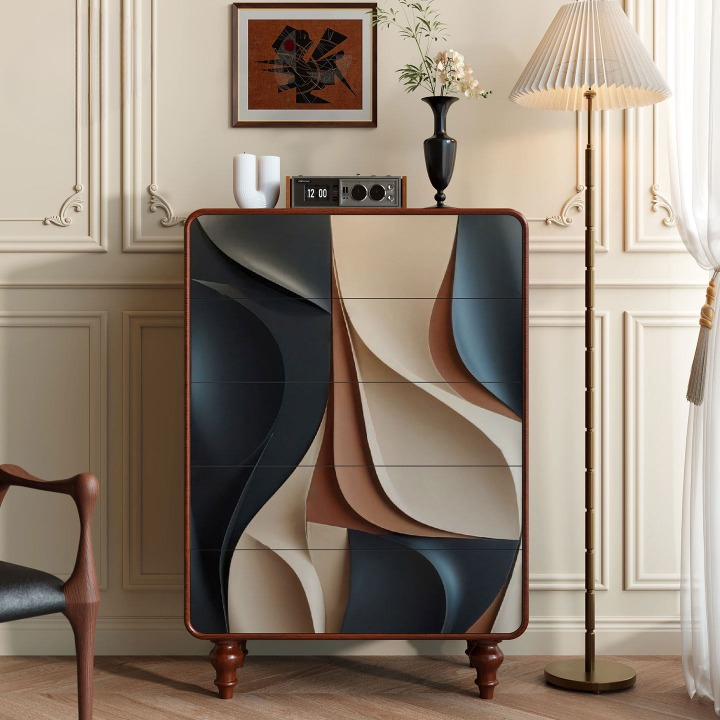 Solid Pine 5-Drawer Dresser, Mid-Century Modern Abstract Chest of Drawers for Bedroom, Living Room &amp; Entryway