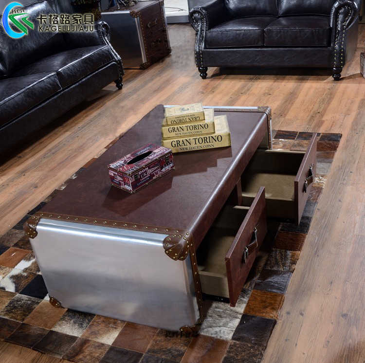 Industrial Vintage Trunk Coffee Table with Aluminum & Leather Finish, Cigar Bar Style Storage Table with Drawers, Mid-Century Modern
