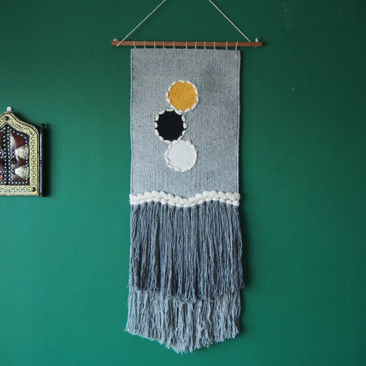 Woven Wall Hanging – Modern Abstract Circles Art Tapestry, Large Boho Grey Color Block with Tassels, Living Room/Bedroom Accent