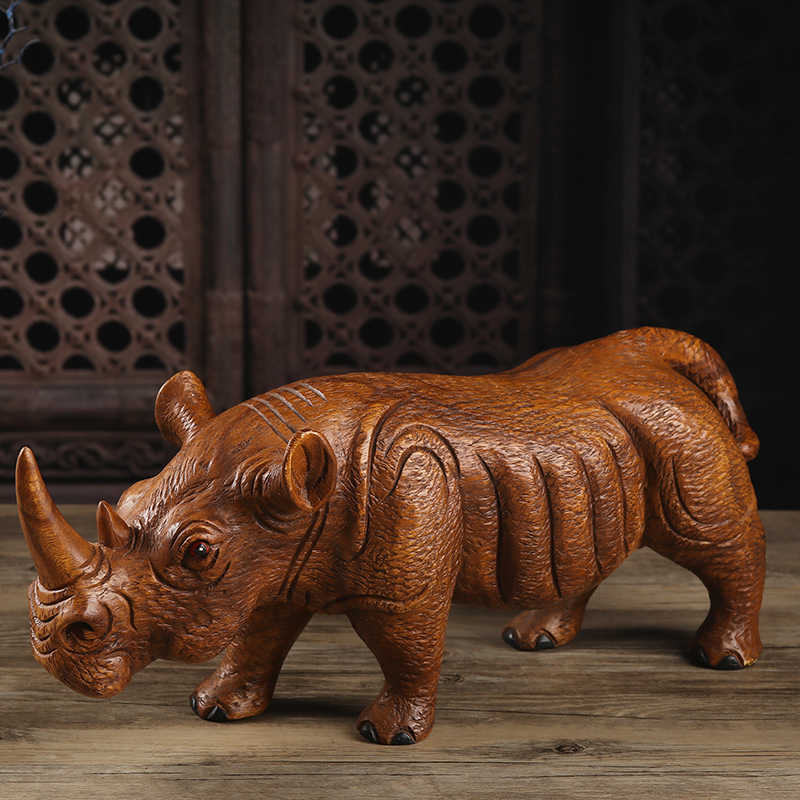 Thai Hand-Carved Wooden Rhinoceros Sculpture, Southeast Asian Home Decor Desktop Figurine for Living Room & Wine Cabinet, Small