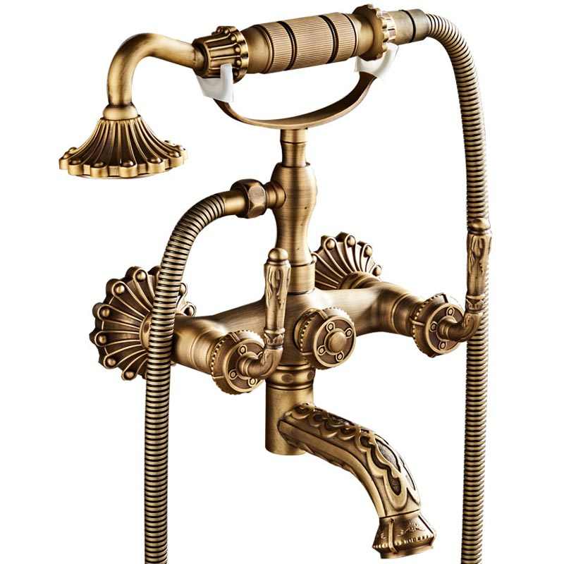 Vintage Brass Wall Mount Shower Faucet Set, Antique Telephone-Style Bathtub Mixer with Handheld Sprayer, Two-Handle Water Valve, Deluxe Long Handle