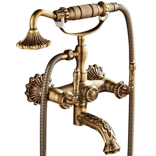 Vintage Brass Wall Mount Shower Faucet Set, Antique Telephone-Style Bathtub Mixer with Handheld Sprayer, Two-Handle Water Valve, Deluxe Long Handle
