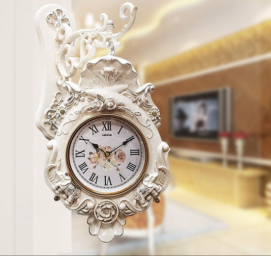European Vintage Dual-Sided Wall Clock, Silent Quartz Ceramic Crack Glaze White, Farmhouse Rustic Decorative Hanging Clock for Living Room, Entryway, Home