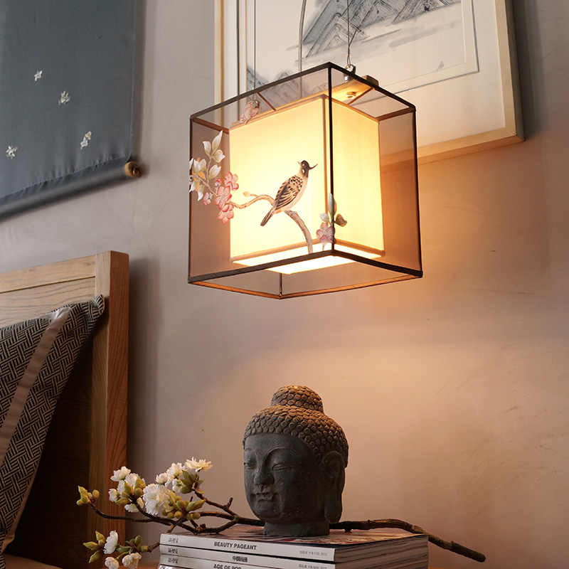 Hand-Painted Modern Asian Square Pendant Light, Floral Bird Art Bedside, Dining, Living Room Ceiling Lamp, Luxury Vintage Lantern