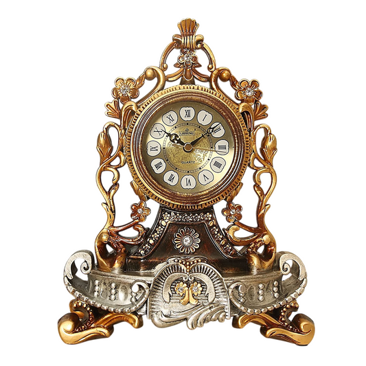 Vintage Style Ornate Mantel Clock, Battery Operated Silent Table Clock with Roman Numerals, Decorative Resin Desk Clock for Living Room, Fireplace Mantel, Office, Shelf, Bedroom Decor