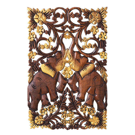 Double Elephant Wall Art – Hand-Carved Teak Wood Decorative Panel, Southeast Asian Floral Craft Home Wall Hanging for Living Room, Bedroom, Entryway