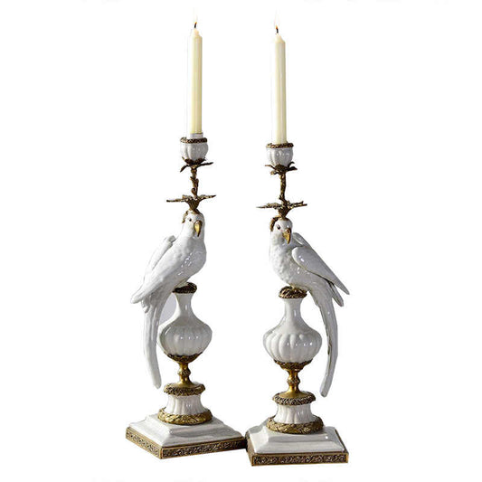 Elegant Vintage Porcelain Parrot Candle Holders – Classical Ceramic & Brass Decor for Home Entryway and Living Room, Set of 2