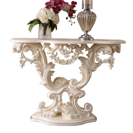 Ivory White Console Table – Ornate Hand-Carved Entryway Commode, Classic Half-Round Corridor Accent Table