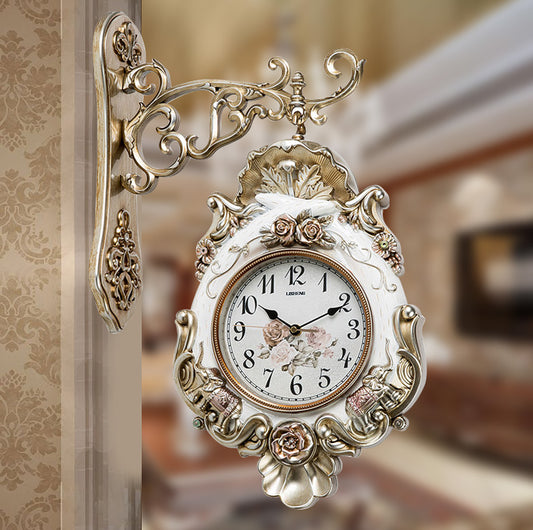 Vintage Double Sided Wall Clock, European Antique Decor, Silent Quartz Movement, Dual Face Ornamental Hanging Clock for Living Room, Hallway, Home Decoration, Gold Silver Finish