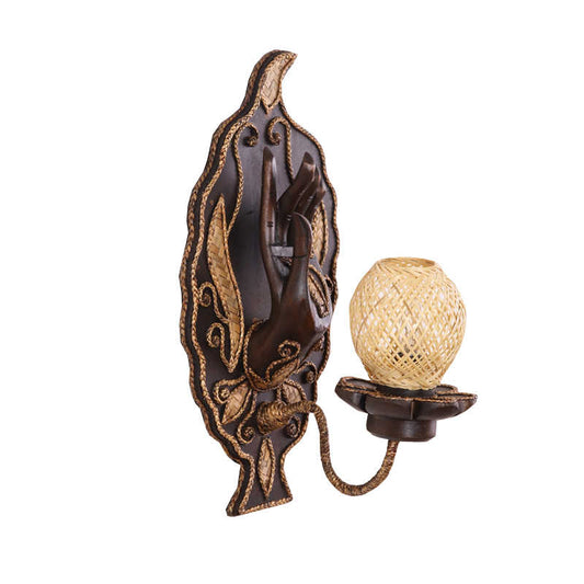 Thai Buddha Hand Wall Sconce Light, Zen Asian Wooden Art Lamp with Rattan Shade for Hallway, Bedroom & Meditation Space