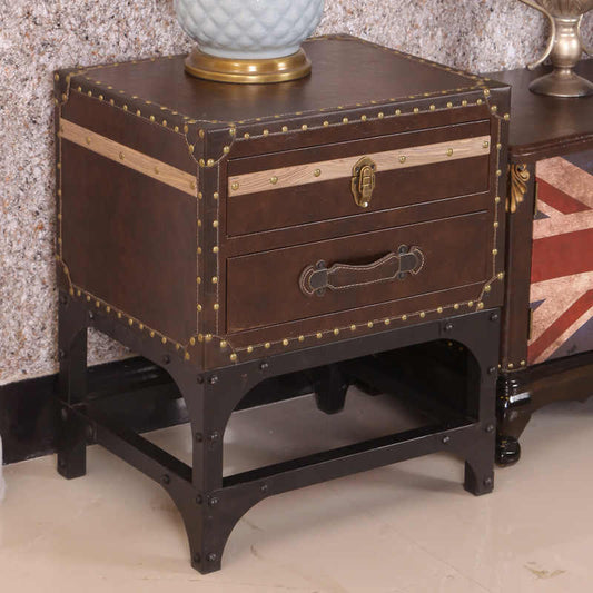 Vintage Industrial Nightstand – Retro Trunk Bedside Table, Rustic American Loft Storage Cabinet, Leather Side Table for Sofa, Hotel, Living Room