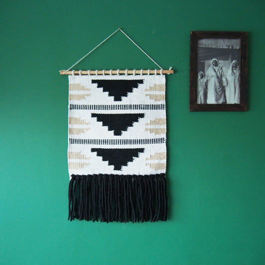Handwoven Wall Hanging – Tribal Modern Geometric Art Tapestry, Black & Beige with Fringe, Boho Decor for Living Room