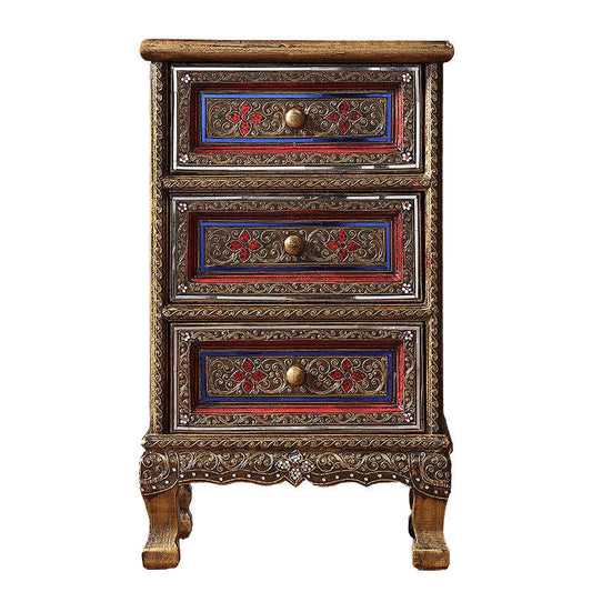 Luxury Bedside Table – Handcrafted Southeast Asian Nightstand, Vintage Style Narrow Storage Cabinet with Ornate Metal Accents, 3 Drawers for Bedroom or Living Room