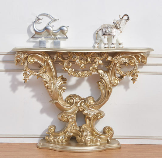 Baroque Entryway Console Table – Luxury Villa Champagne Gold Hand-Carved Demi-Lune Accent Table