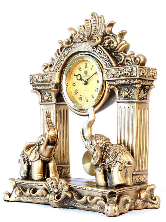 Elephant Table Clock, Luxury Gold Elephant Mantel Clock, Vintage Creative Living Room Decor, Large Desktop Ornaments for Office, Study, or Entryway (Dual Elephant Guarding Wealth)