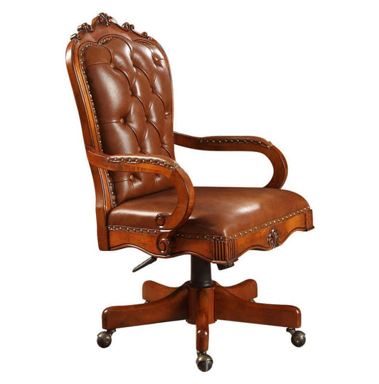 Classic Solid Wood Leather Office Chair, Executive Swivel Computer Desk Chair with Armrests