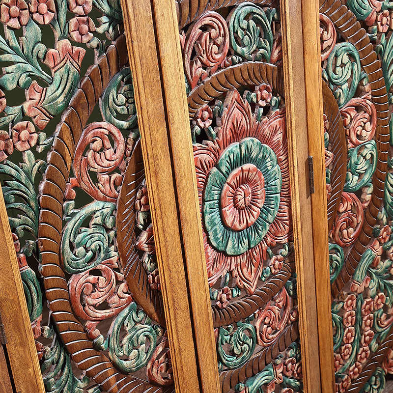 Thai Heritage Hand-Carved Wooden Room Divider Screen, Southeast Asian Floral Motif 5-Panel Folding Screen with Rattan Accents