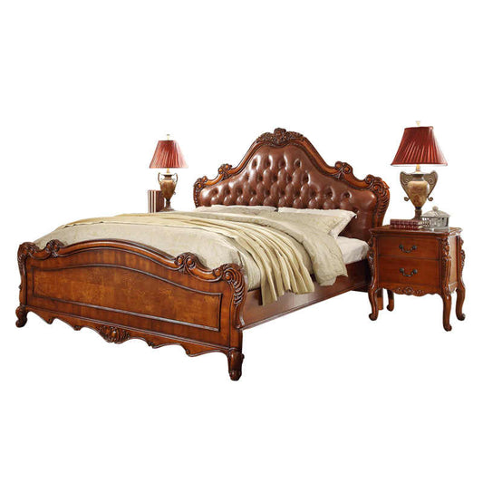 Leather Tufted Bed – Classic European Wood Frame King Bed with Button-Tufted Headboard, Vintage Carved Wedding Bed 1.8M