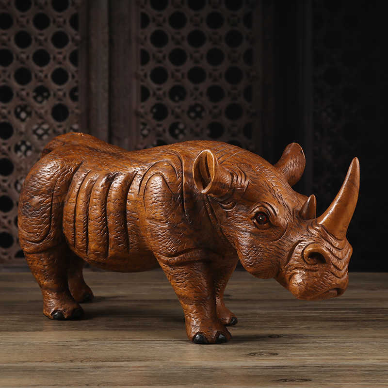 Thai Hand-Carved Wooden Rhinoceros Sculpture, Southeast Asian Home Decor Desktop Figurine for Living Room & Wine Cabinet, Small