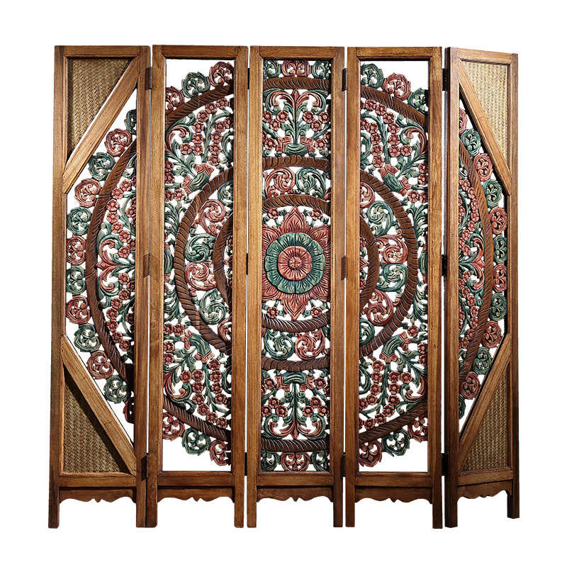Thai Heritage Hand-Carved Wooden Room Divider Screen, Southeast Asian Floral Motif 5-Panel Folding Screen with Rattan Accents