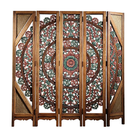 Thai Heritage Hand-Carved Wooden Room Divider Screen, Southeast Asian Floral Motif 5-Panel Folding Screen with Rattan Accents