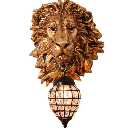 Vintage Lion Wall Sconce, Antique Gold Resin Lion Head Corridor/Living Room Background Wall/Staircase/Bedroom Bedside Decorative Lamp (Wired)