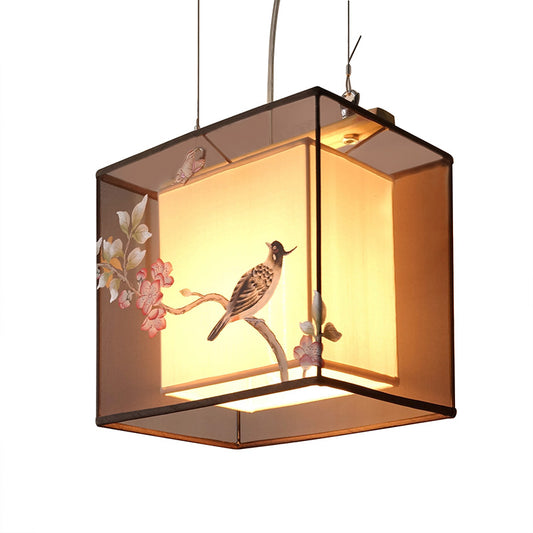 Hand-Painted Modern Asian Square Pendant Light, Floral Bird Art Bedside, Dining, Living Room Ceiling Lamp, Luxury Vintage Lantern