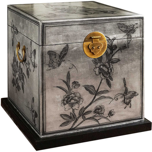 Asian Art Hand-Painted Wooden Square Side Table, New Japanese Style Living Room Tea Table with Botanical Motifs