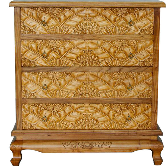 Tall Solid Elm Wood 4-Drawer Dresser, Carved Leaf Chest