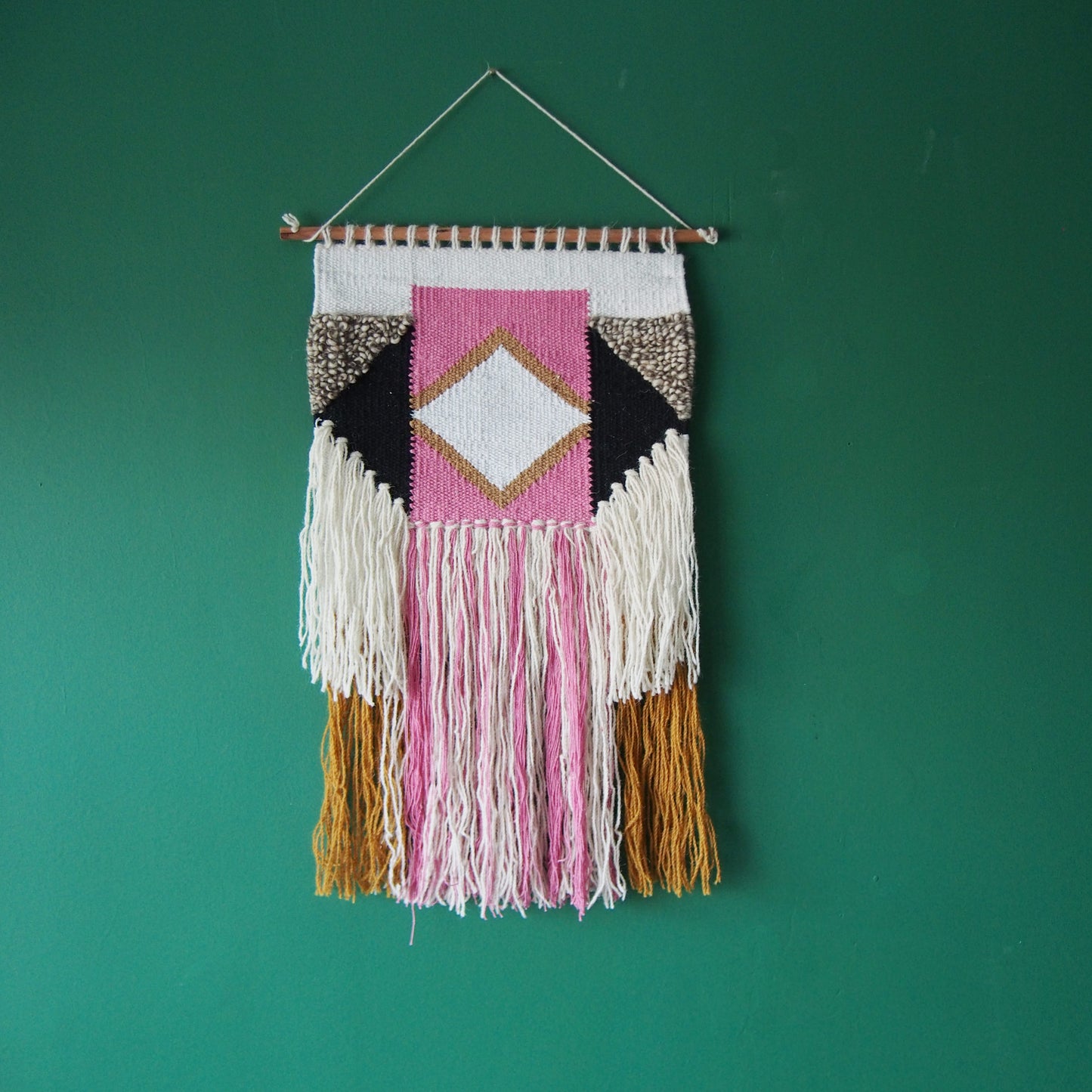 Boho Woven Wall Hanging – Pink Geometric Art Tapestry, Modern Decor with Tassels, Large Handmade Statement for Living Room