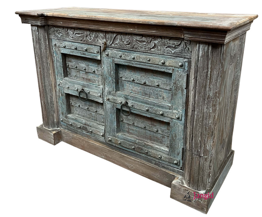 Antique Rustic Solid Wood Sideboard Cabinet Vintage Handcrafted Storage Console Cabinet Farmhouse Buffet Cabinet for Living Room Dining Room Entryway