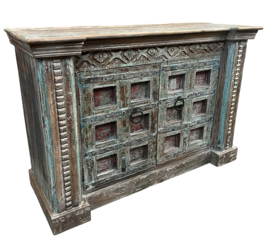 Antique Rustic Solid Wood Storage Cabinet Vintage Farmhouse Sideboard Cabinet Handcrafted Multi Door Console Cabinet for Living Room Dining Room Entryway