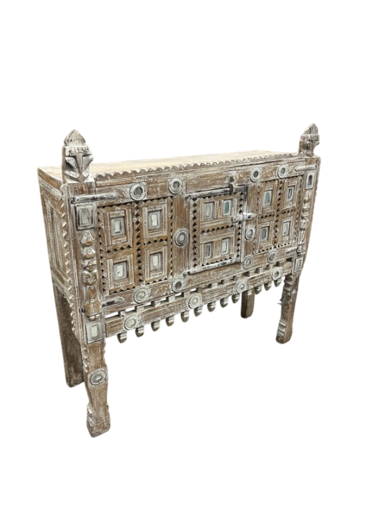Handcrafted Vintage Tribal Storage Cabinet Rustic Solid Wood Accent Cabinet Antique Farmhouse Console Cabinet for Living Room Entryway Bedroom Hallway