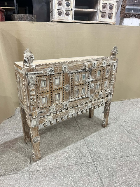 Handcrafted Vintage Tribal Storage Cabinet Rustic Solid Wood Accent Cabinet Antique Farmhouse Console Cabinet for Living Room Entryway Bedroom Hallway